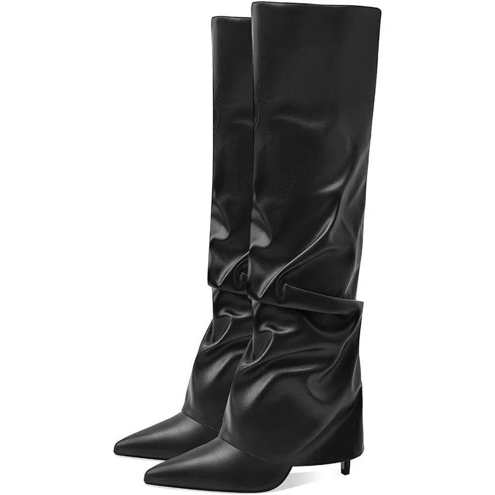 Women's Black Knee High Fold Over Wide Calf Pointed Toe Long Heel Boot